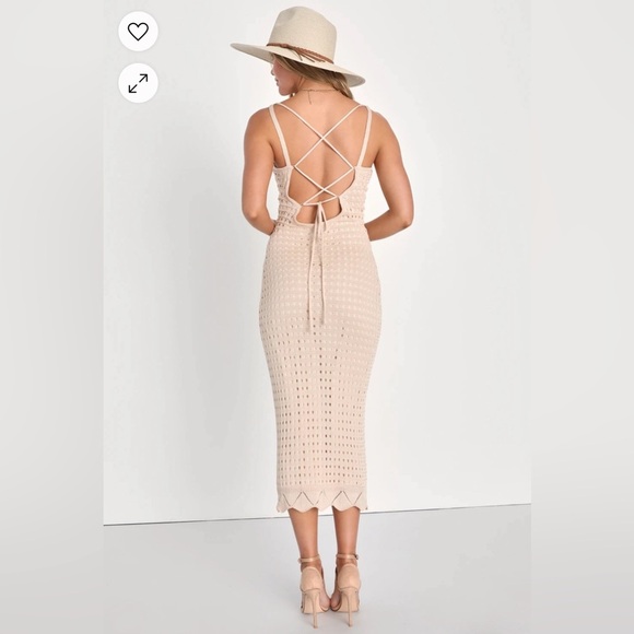 Lulus Neutral Crochet Open-Back Midi Dress – Size Small - Picture 4 of 6